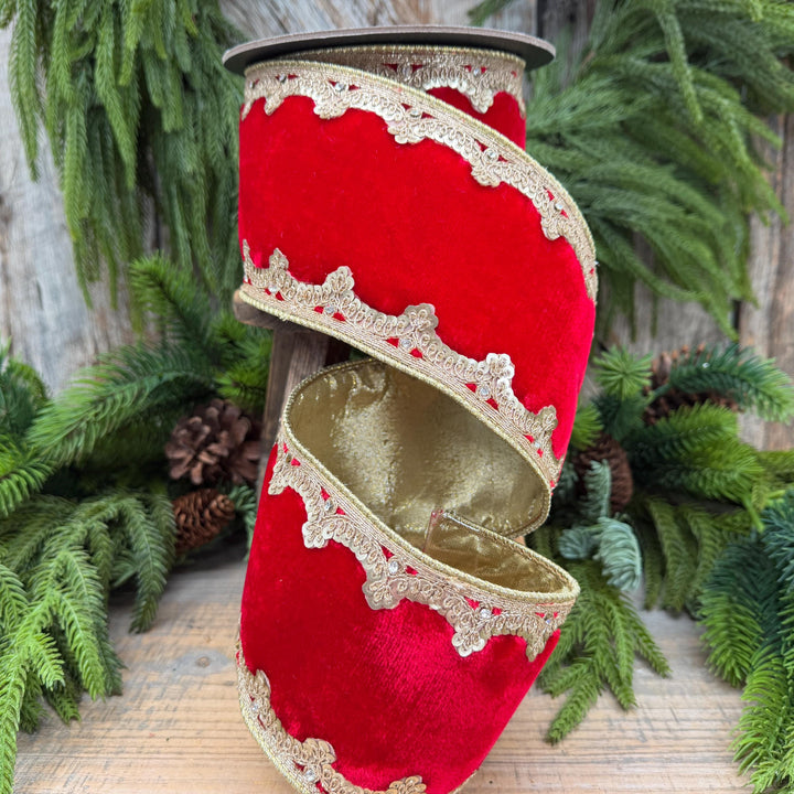 4" Red and Gold Velvet Ribbon, Christmas Ribbon