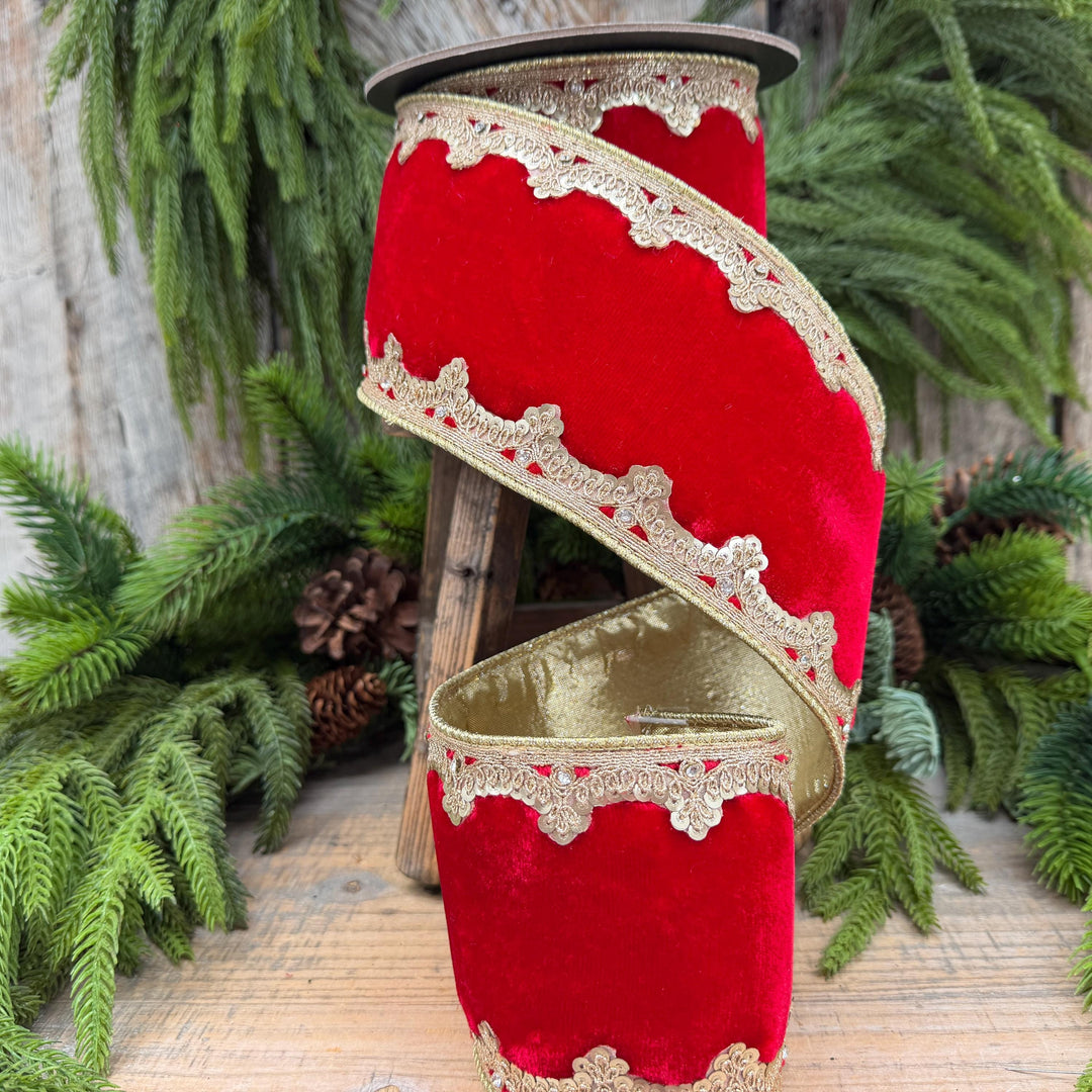 4" Red and Gold Velvet Ribbon, Christmas Ribbon