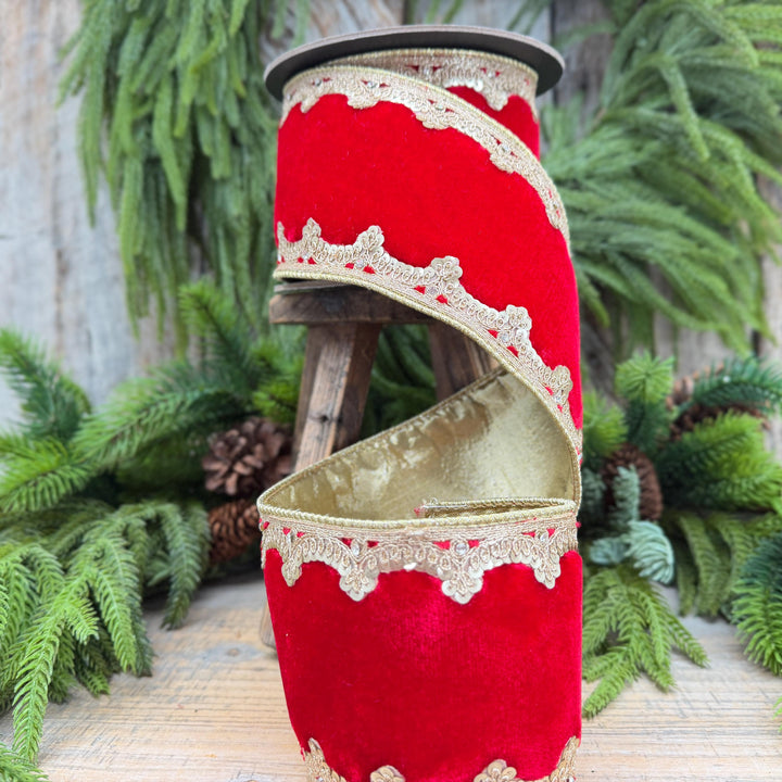 4" Red and Gold Velvet Ribbon, Christmas Ribbon