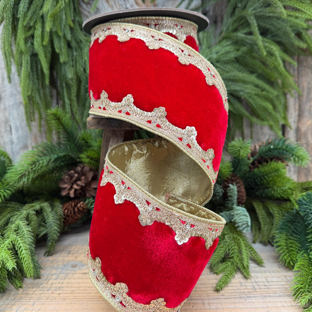 4" Red and Gold Velvet Ribbon, Christmas Ribbon