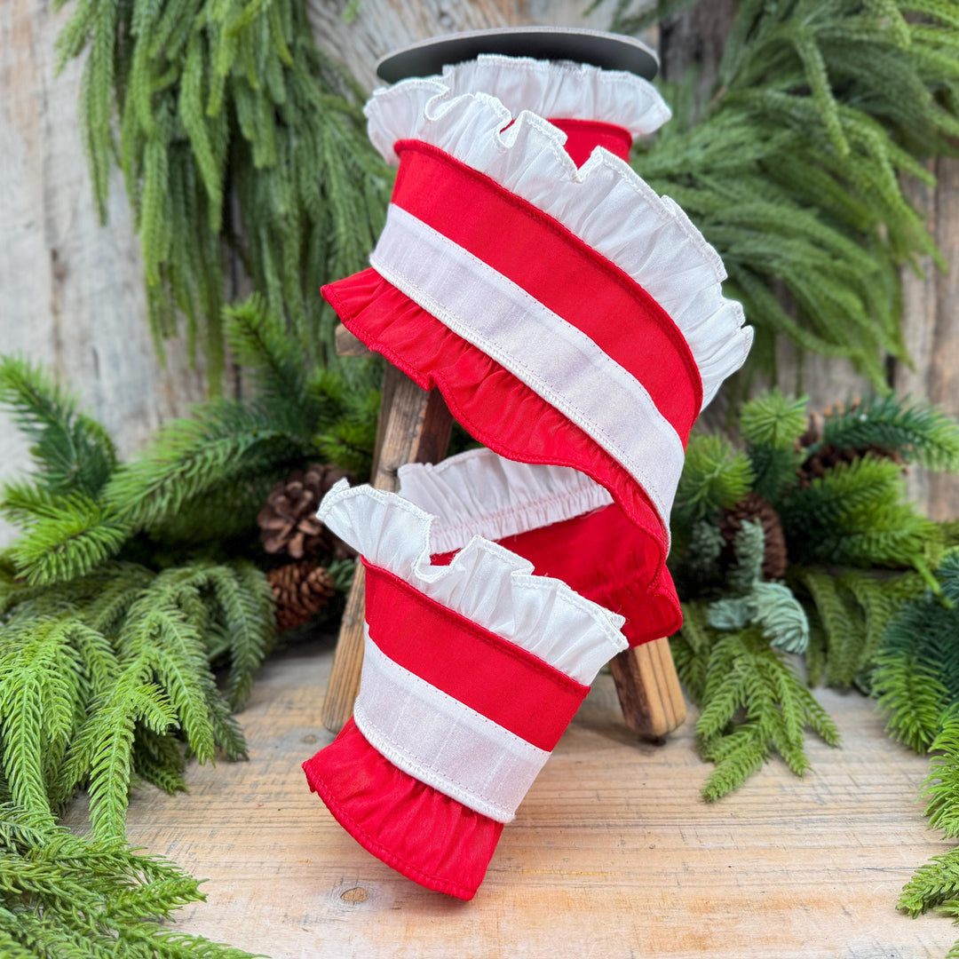 4" Red White Ruffle Christmas Ribbon