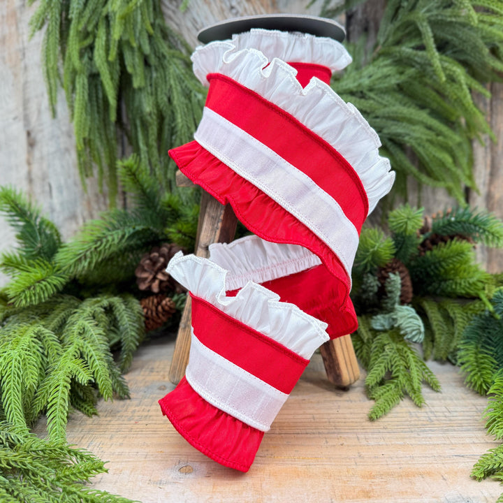 4" Red White Ruffle Christmas Ribbon