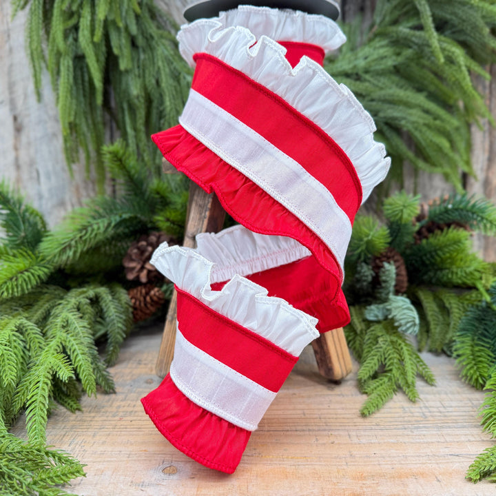 4" Red White Ruffle Christmas Ribbon