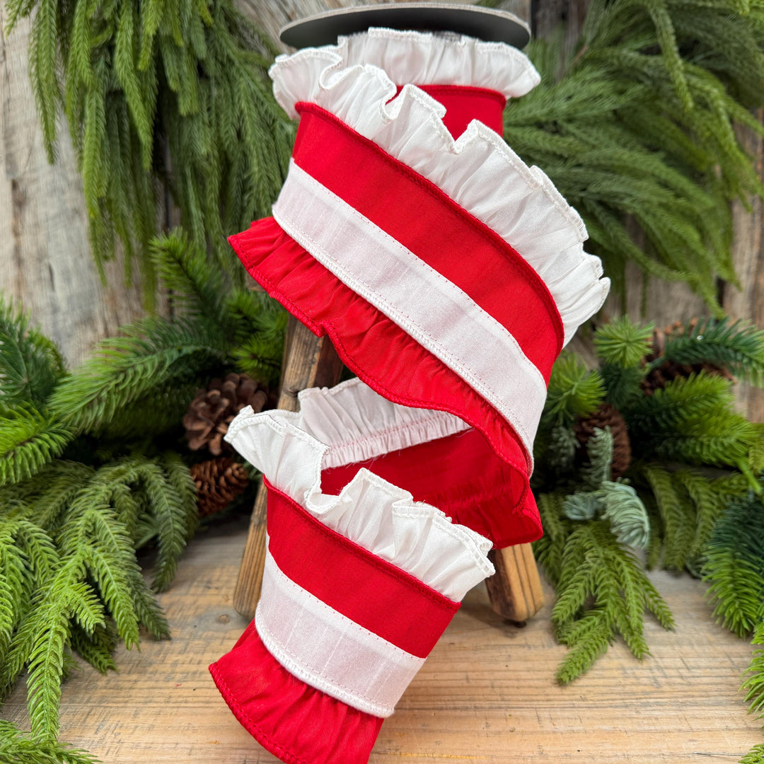 4" Red White Ruffle Christmas Ribbon