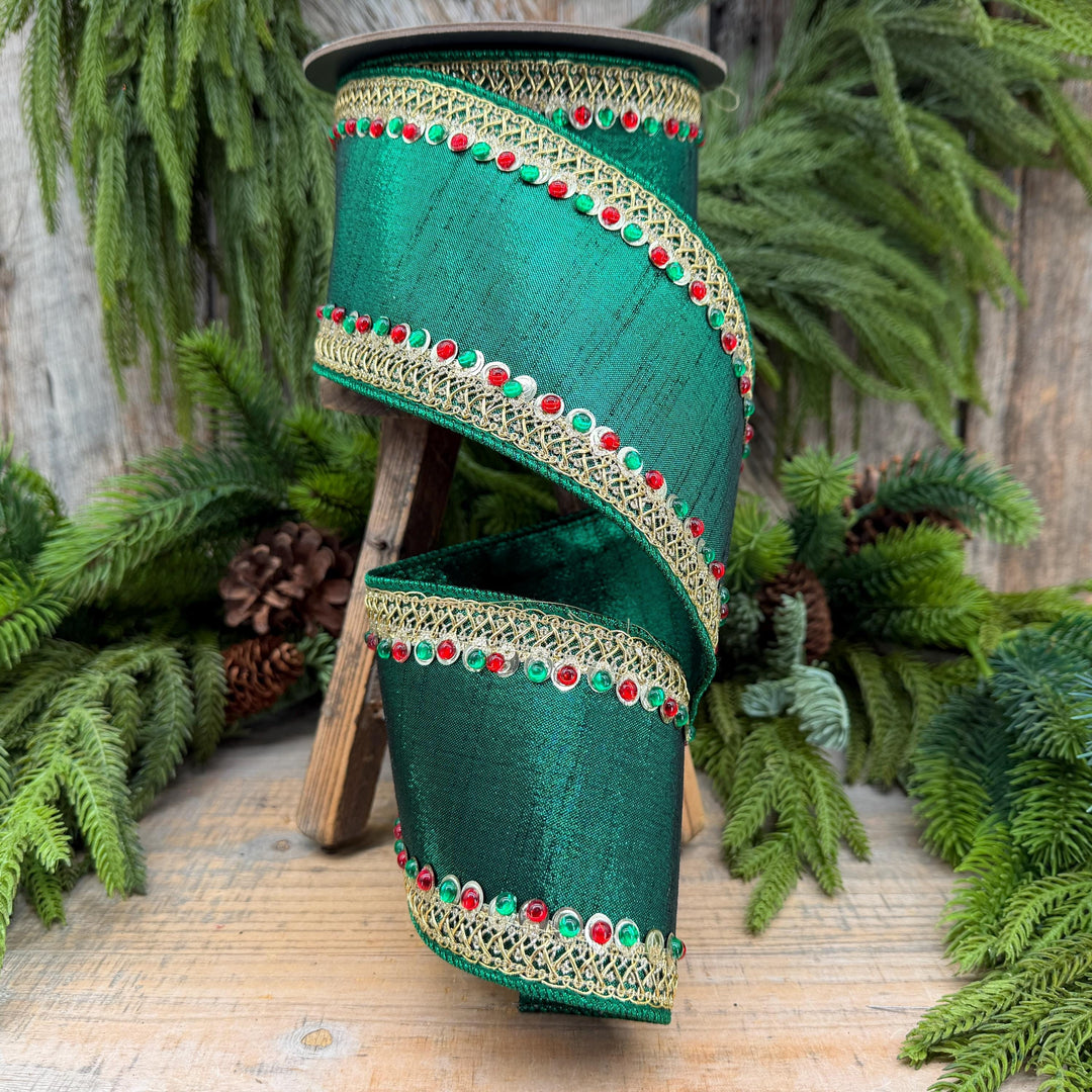 4" Emerald Green Jeweled Christmas Ribbon