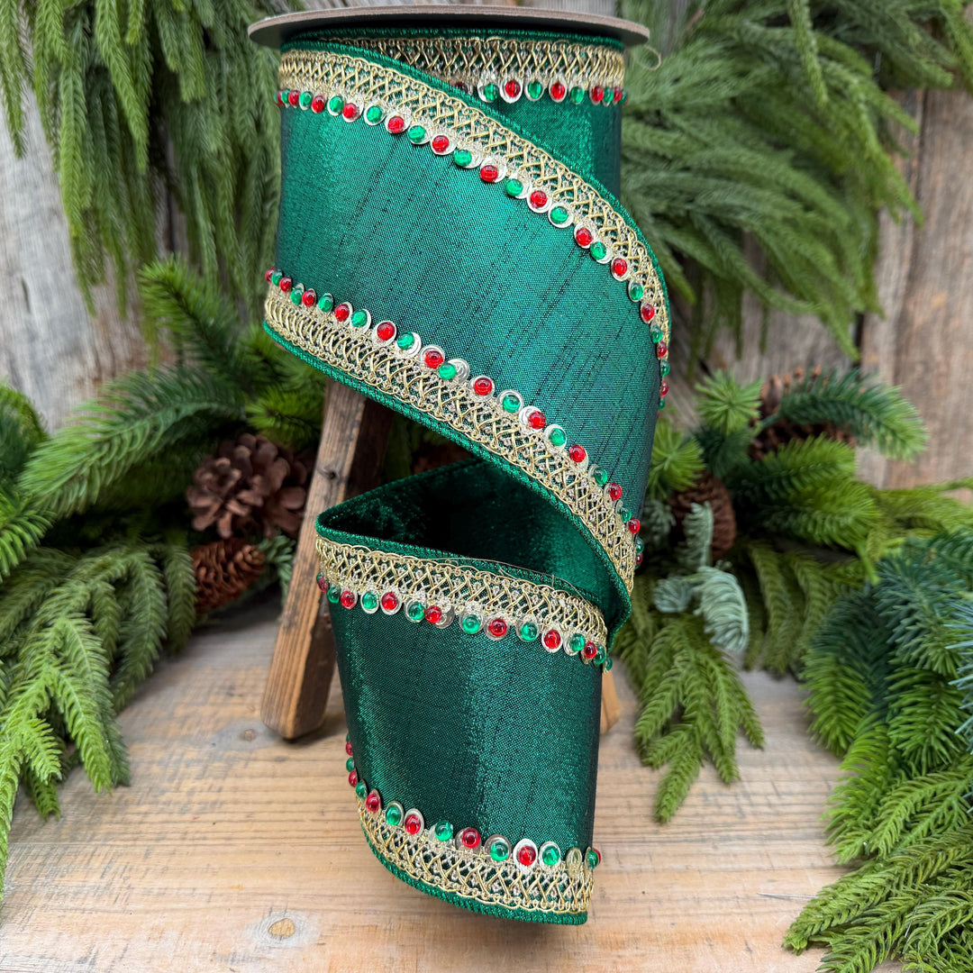 4" Emerald Green Jeweled Christmas Ribbon