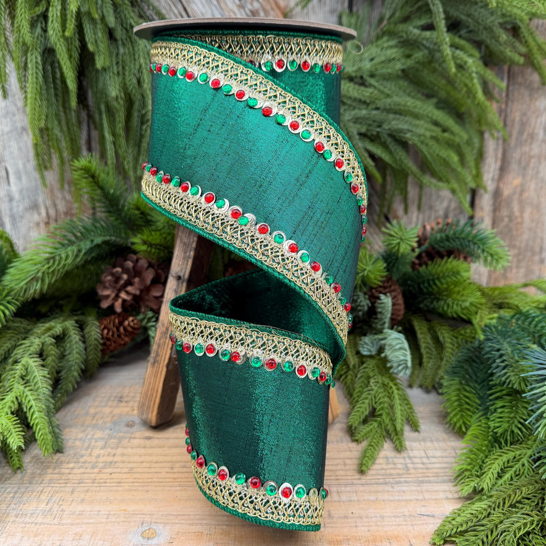 4" Emerald Green Jeweled Christmas Ribbon