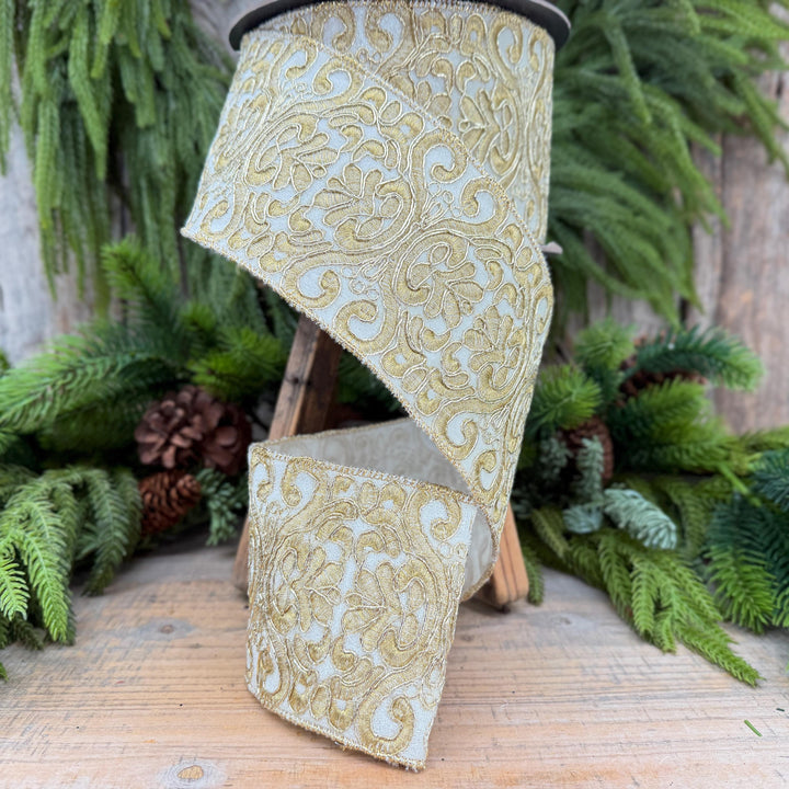 4" Ivory Gold Elegant Christmas Ribbon, 10 Yards