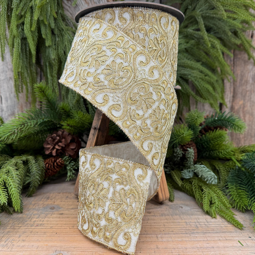 4" Ivory Gold Elegant Christmas Ribbon, 10 Yards