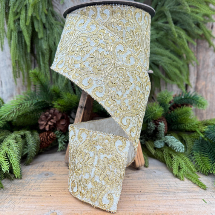 4" Ivory Gold Elegant Christmas Ribbon, 10 Yards