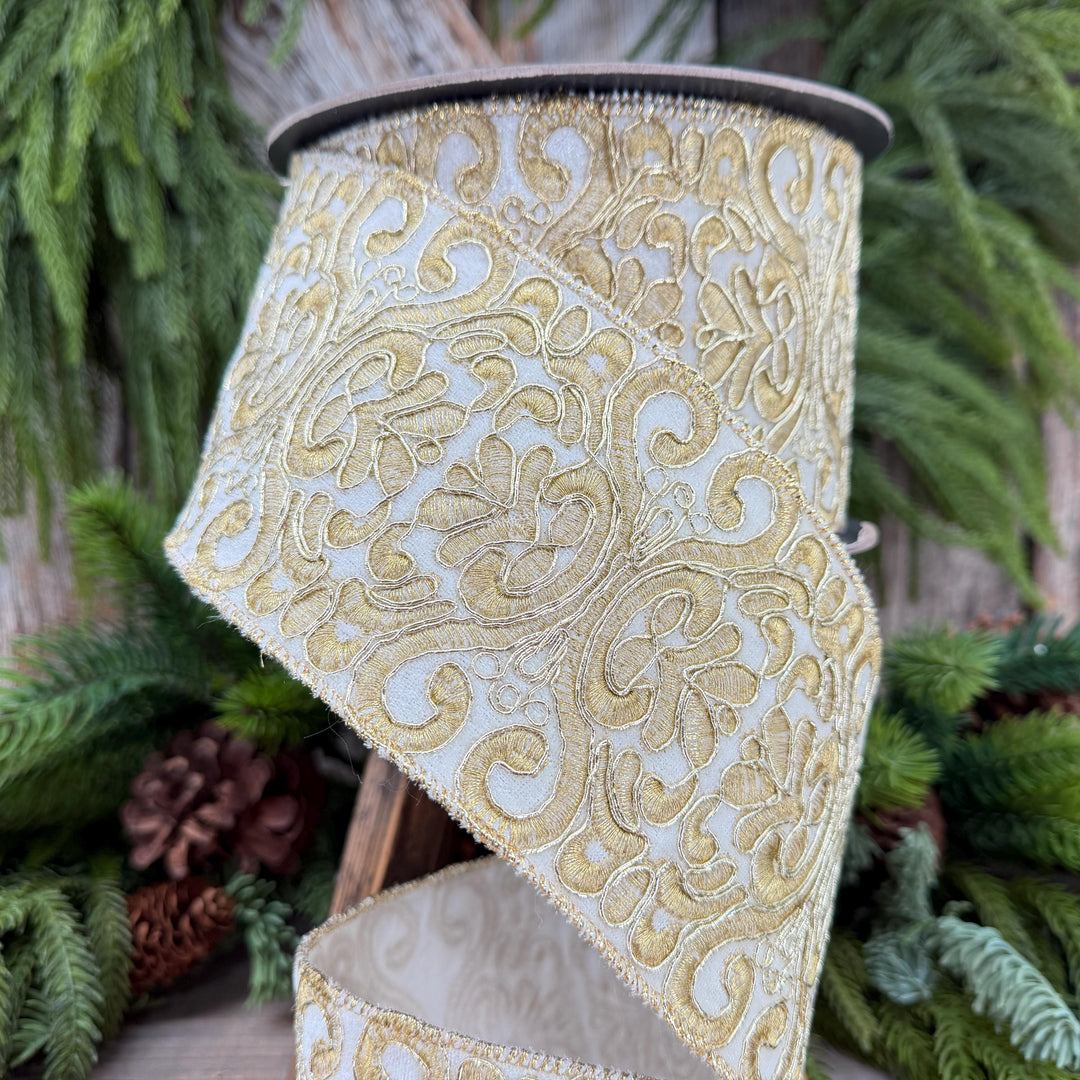 4" Ivory Gold Elegant Christmas Ribbon, 10 Yards