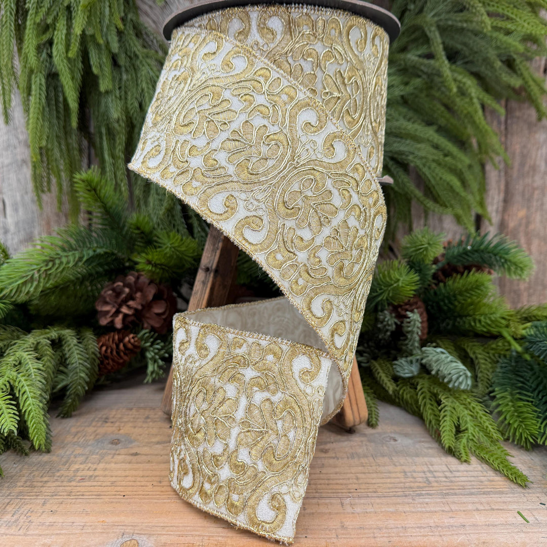 4" Ivory Gold Elegant Christmas Ribbon, 10 Yards