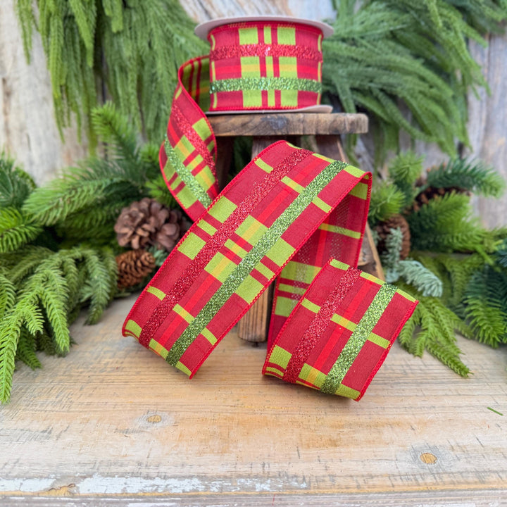 2.5" Red Green Glitter Plaid Christmas Ribbon