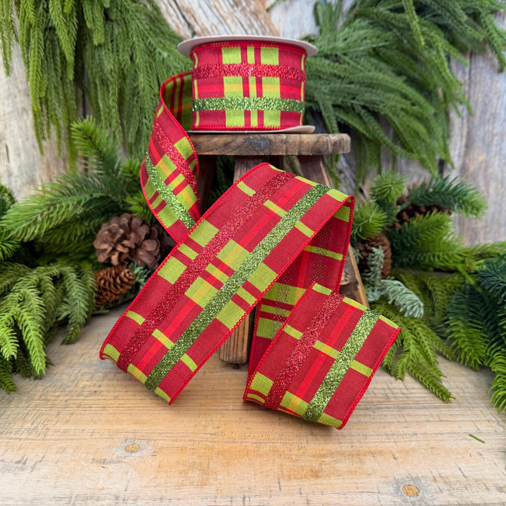 2.5" Red Green Glitter Plaid Christmas Ribbon