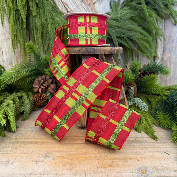 2.5" Red Green Glitter Plaid Christmas Ribbon