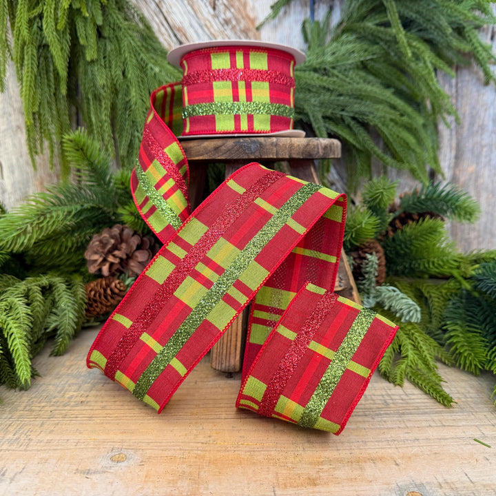 2.5" Red Green Glitter Plaid Christmas Ribbon