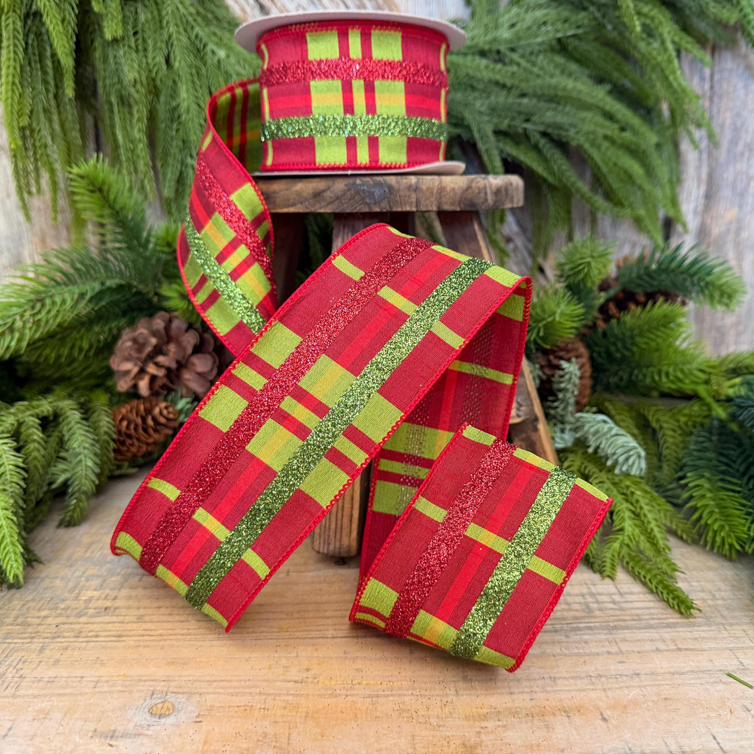 2.5" Red Green Glitter Plaid Christmas Ribbon
