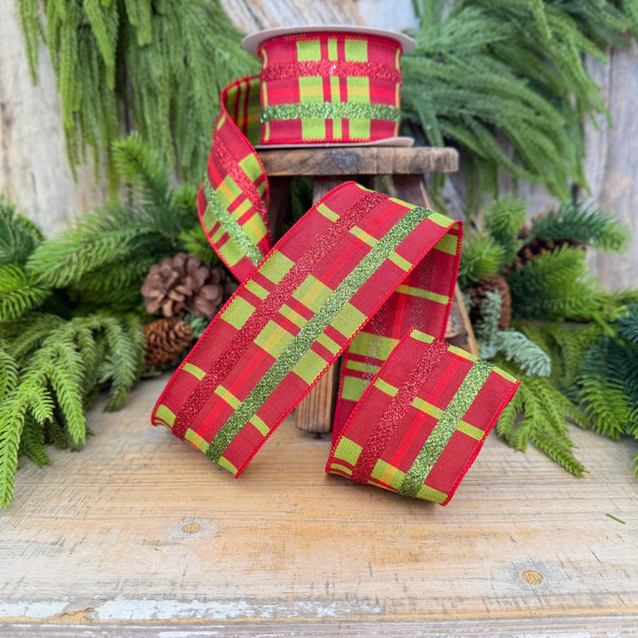 2.5" Red Green Glitter Plaid Christmas Ribbon