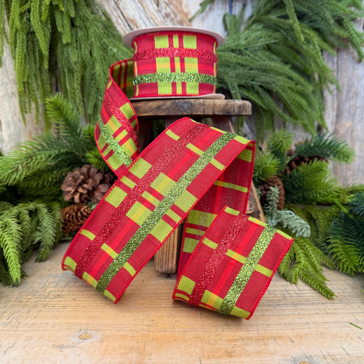2.5" Red Green Glitter Plaid Christmas Ribbon