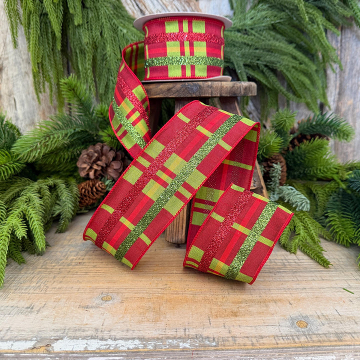 2.5" Red Green Glitter Plaid Christmas Ribbon