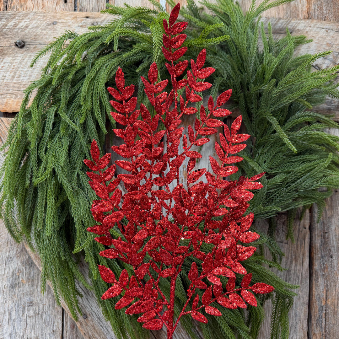 28" Red Glitter Fern Christmas Spray