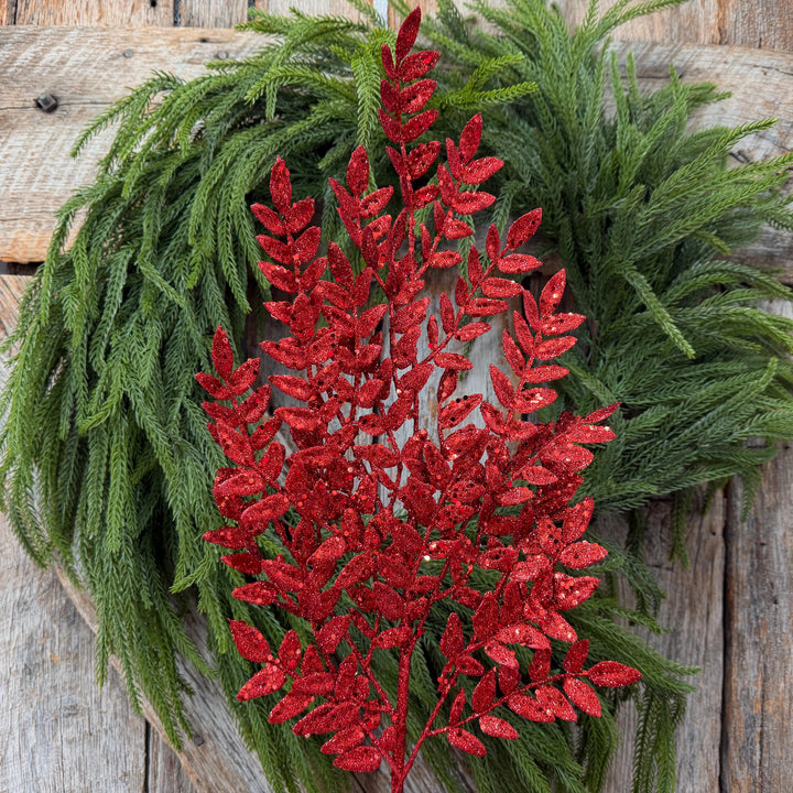 28" Red Glitter Fern Christmas Spray