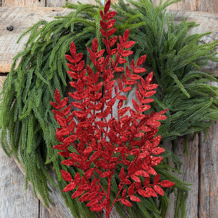 28" Red Glitter Fern Christmas Spray