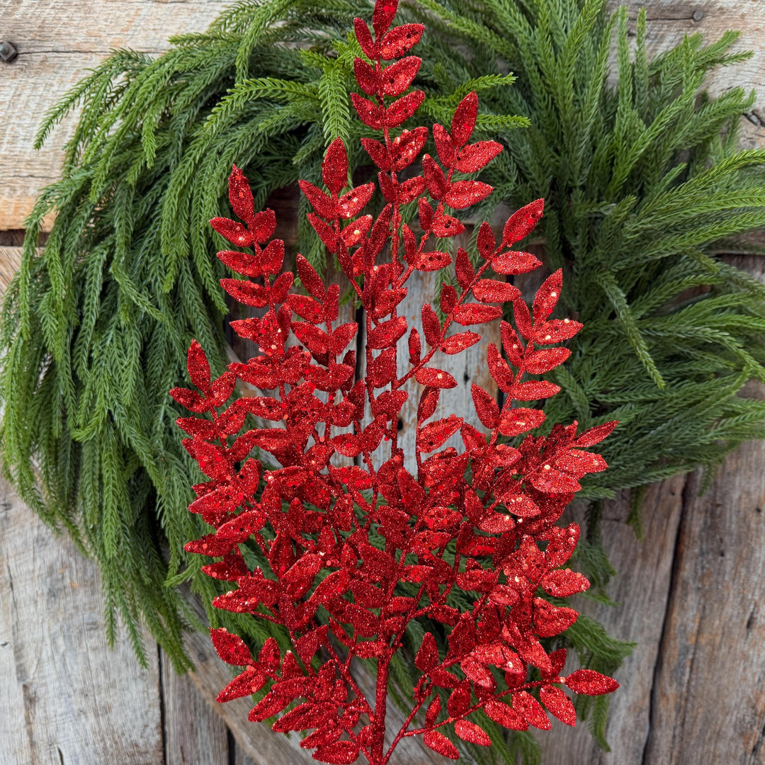 28" Red Glitter Fern Christmas Spray