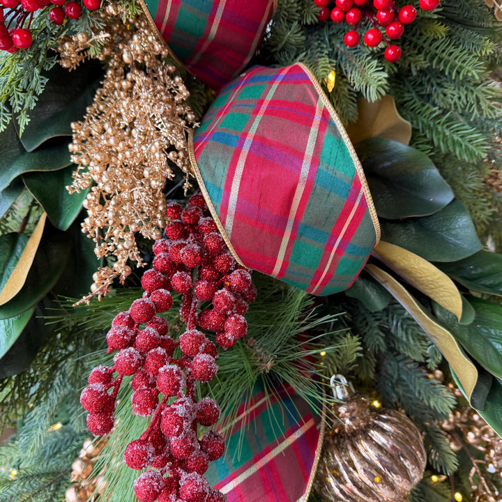4" Christmas Plaid Ribbon, Red Green Gold Plaid Ribbon, Traditional Christmas Ribbon, Wired RIbbon, Classic Christmas Plaid Ribbon