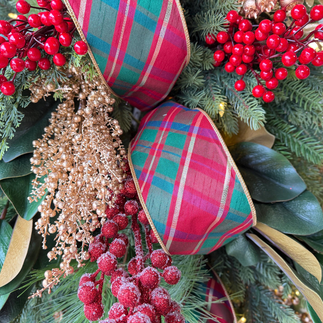 4" Christmas Plaid Ribbon, Red Green Gold Plaid Ribbon, Traditional Christmas Ribbon, Wired RIbbon, Classic Christmas Plaid Ribbon
