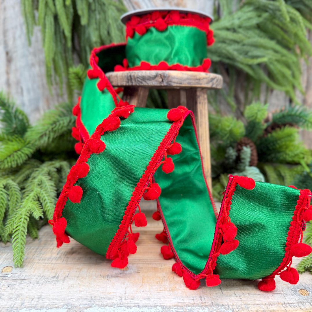 2.5" Green and Red Pom Pom Ribbon, Christmas Ribbon