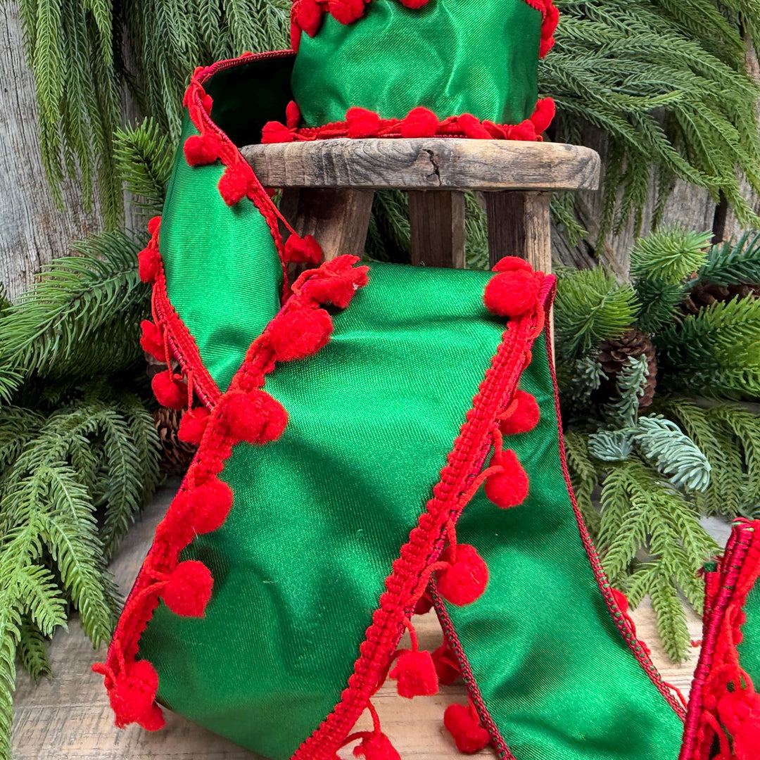 2.5" Green and Red Pom Pom Ribbon, Christmas Ribbon