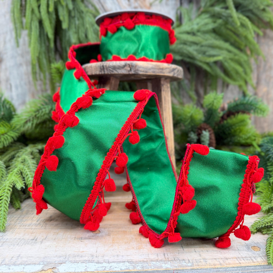 2.5" Green and Red Pom Pom Ribbon, Christmas Ribbon
