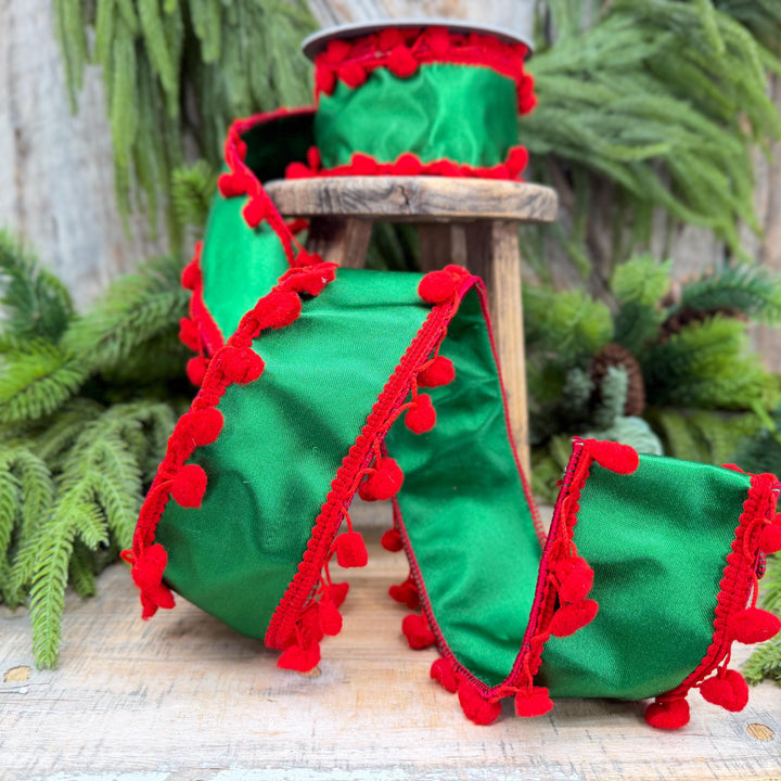 2.5" Green and Red Pom Pom Ribbon, Christmas Ribbon