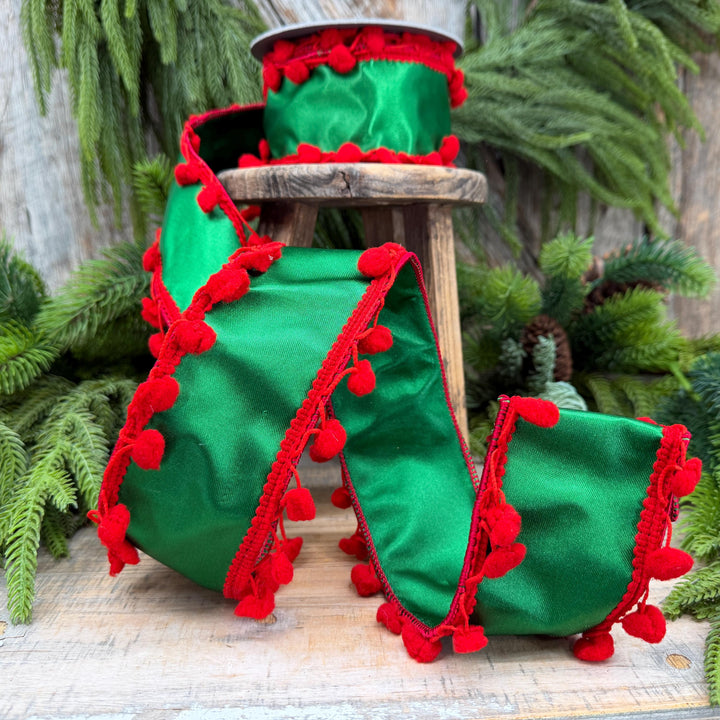 2.5" Green and Red Pom Pom Ribbon, Christmas Ribbon