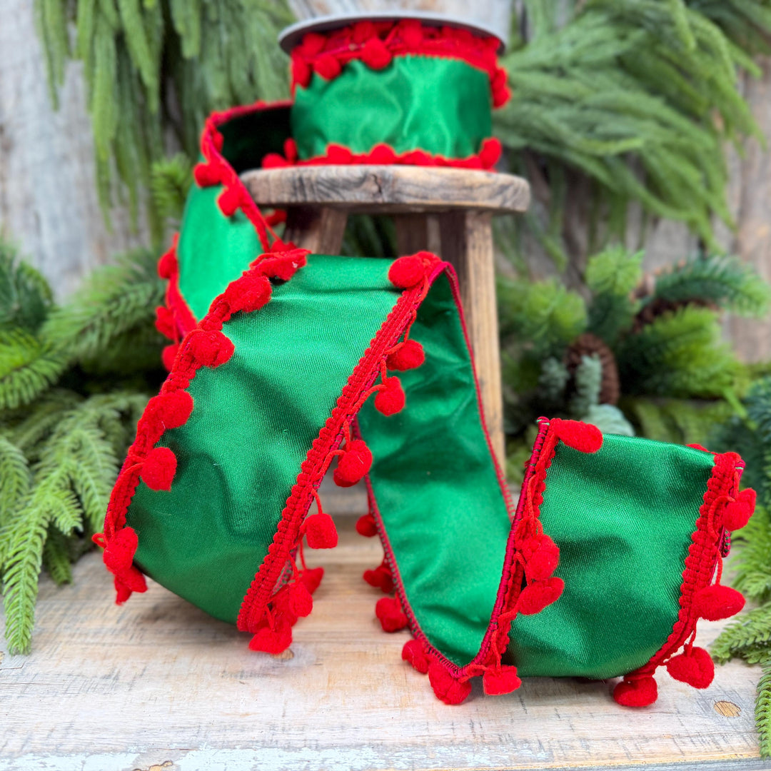 2.5" Green and Red Pom Pom Ribbon, Christmas Ribbon