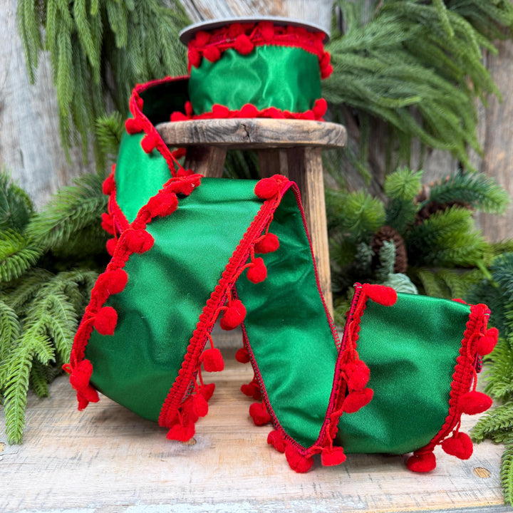 2.5" Green and Red Pom Pom Ribbon, Christmas Ribbon