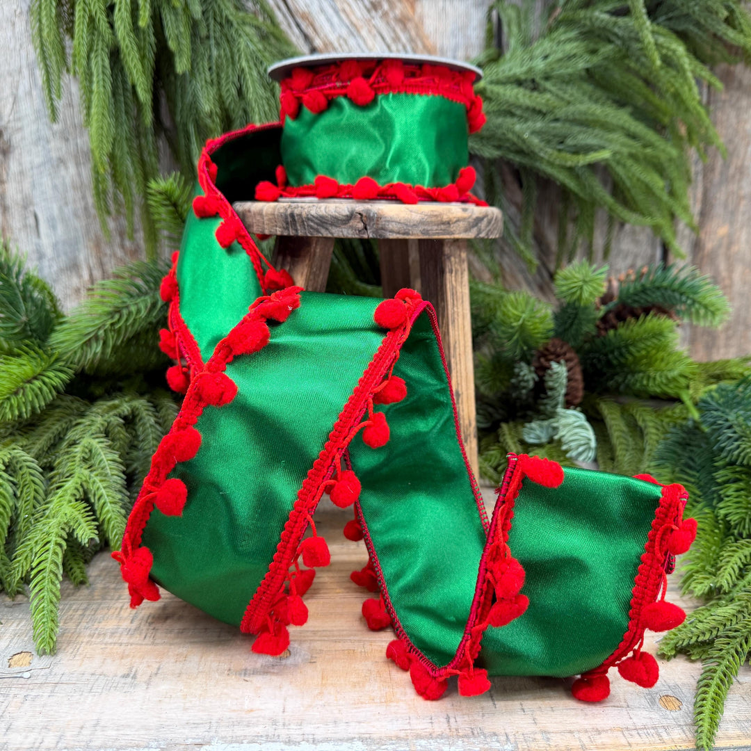 2.5" Green and Red Pom Pom Ribbon, Christmas Ribbon