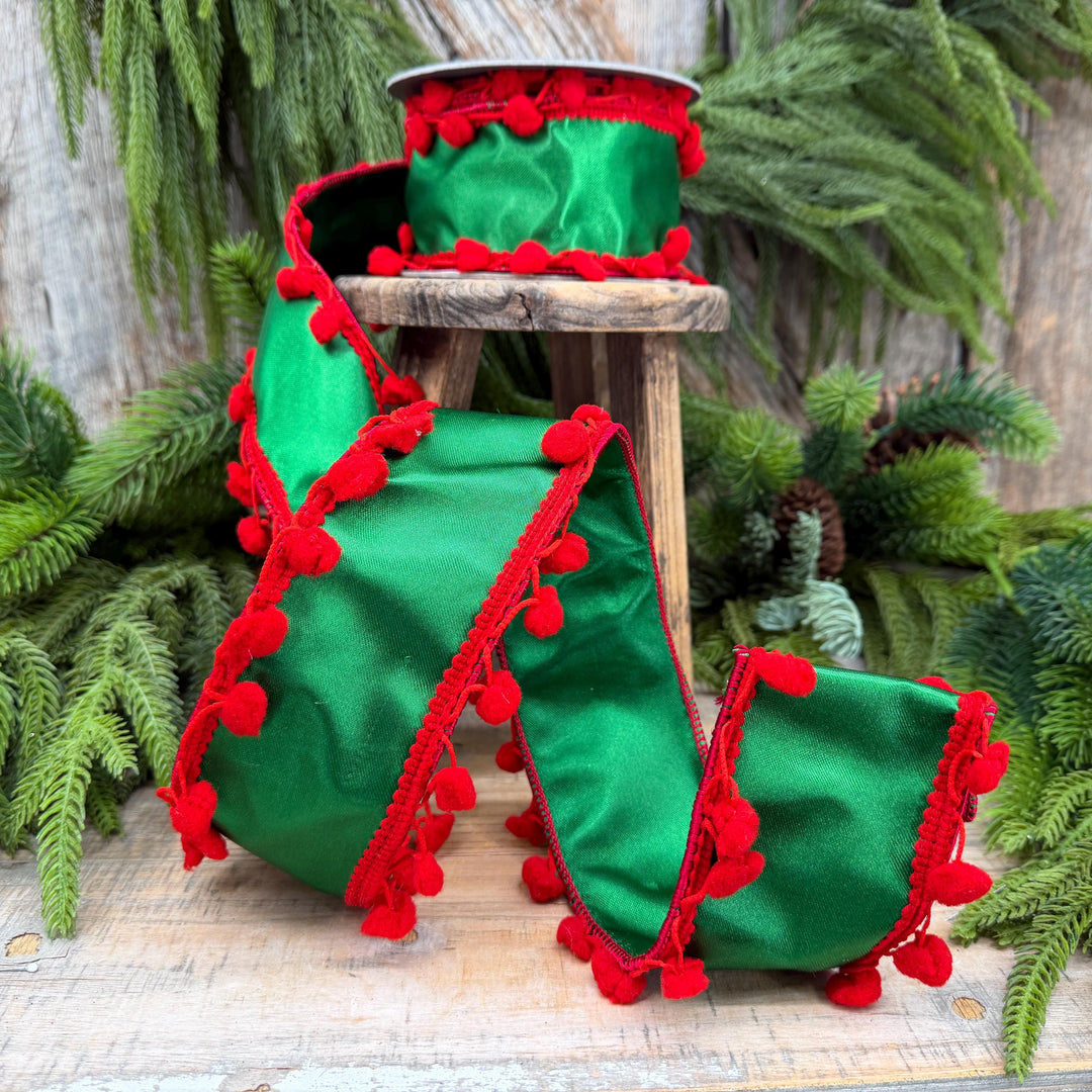 2.5" Green and Red Pom Pom Ribbon, Christmas Ribbon