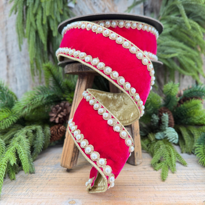 2.5" Hot Pink Pearl Trim Ribbon, Christmas Ribbon