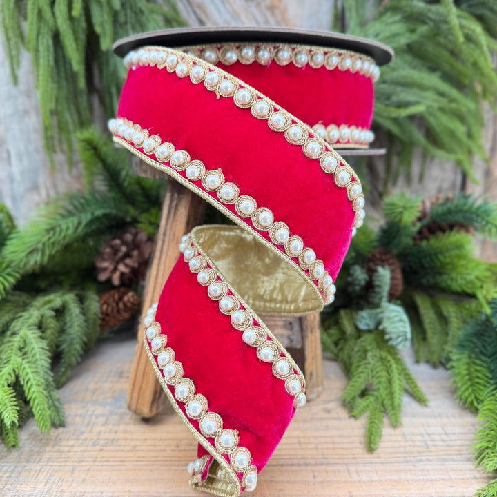 2.5" Hot Pink Pearl Trim Ribbon, Christmas Ribbon