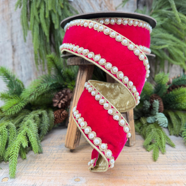 2.5" Hot Pink Pearl Trim Ribbon, Christmas Ribbon