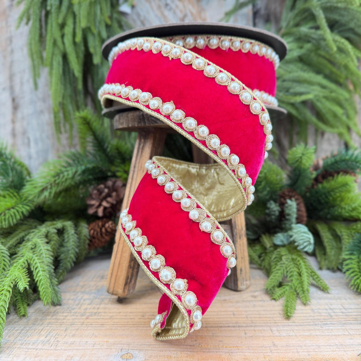 2.5" Hot Pink Pearl Trim Ribbon, Christmas Ribbon