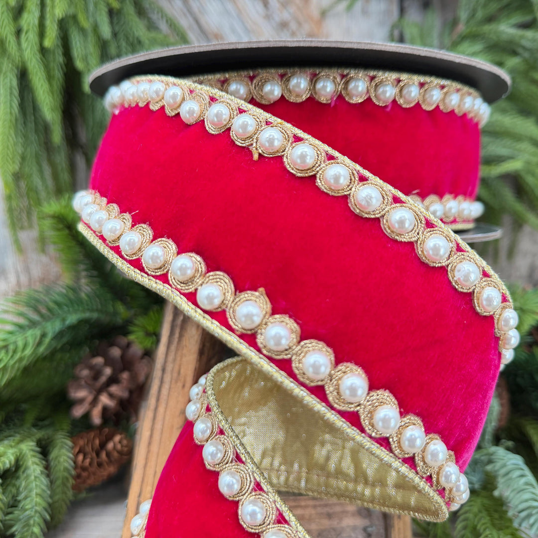 2.5" Hot Pink Pearl Trim Ribbon, Christmas Ribbon