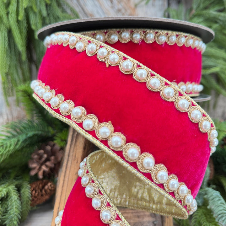 2.5" Hot Pink Pearl Trim Ribbon, Christmas Ribbon