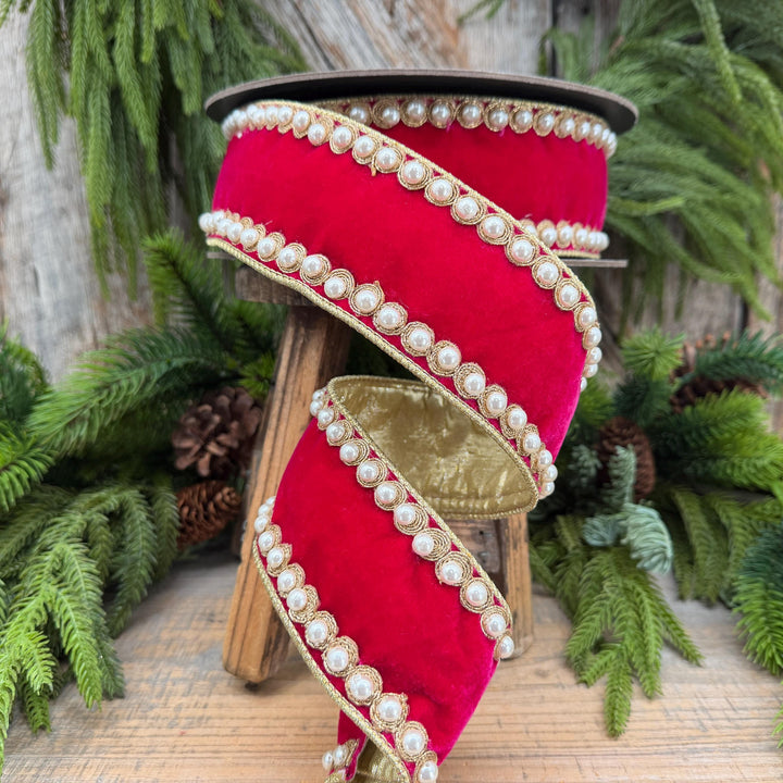 2.5" Hot Pink Pearl Trim Ribbon, Christmas Ribbon