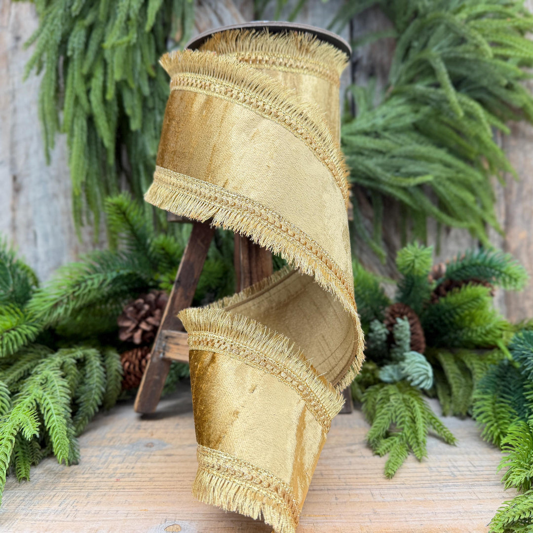 4" Gold Velvet Fringe Ribbon, Christmas Ribbon, Gold RIbbon, Christmas Tree Ribbon