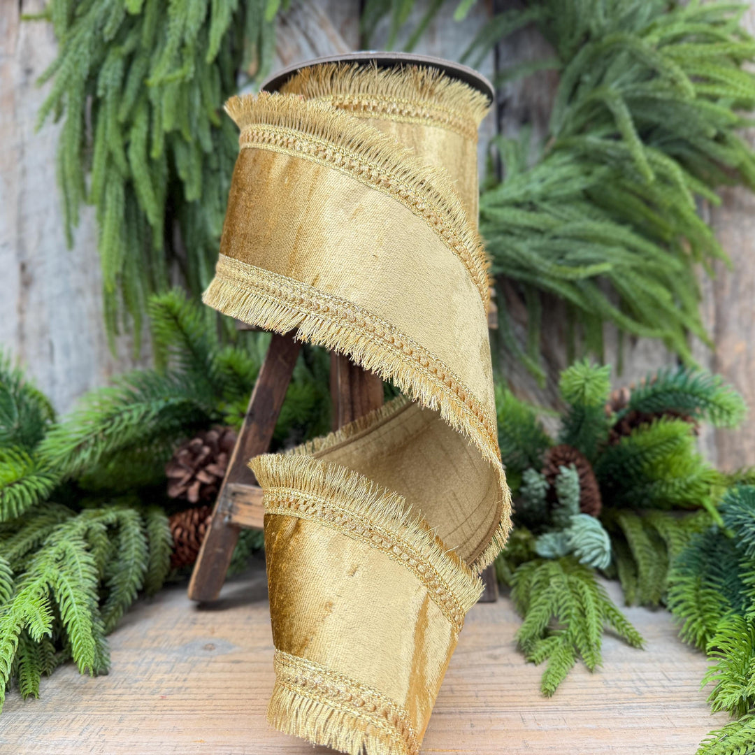 4" Gold Velvet Fringe Ribbon, Christmas Ribbon, Gold RIbbon, Christmas Tree Ribbon