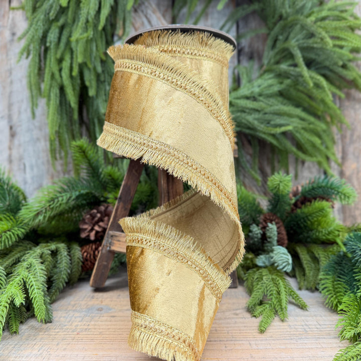 4" Gold Velvet Fringe Ribbon, Christmas Ribbon, Gold RIbbon, Christmas Tree Ribbon