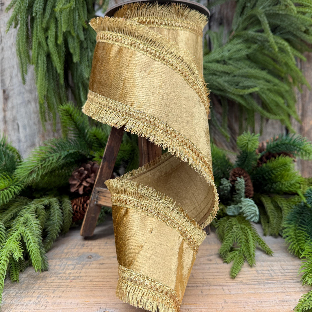 4" Gold Velvet Fringe Ribbon, Christmas Ribbon, Gold RIbbon, Christmas Tree Ribbon
